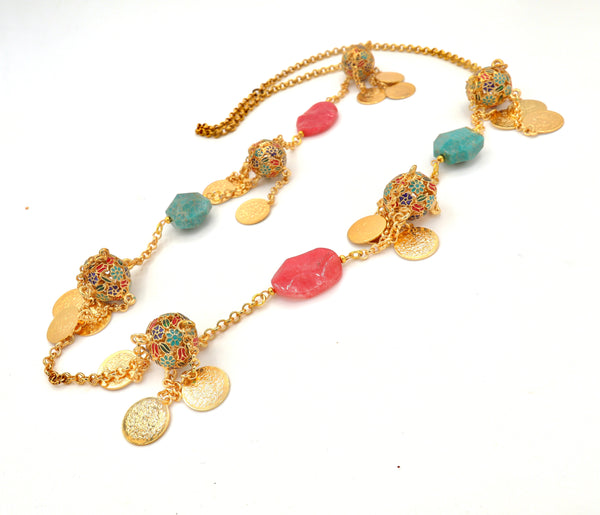 Enameled Gold Bead and Gemstone Necklace