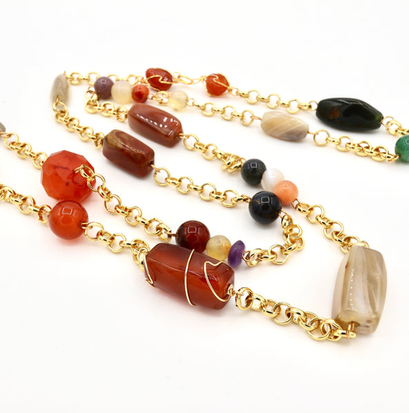 Long Multi Colour and Size Agate Gold Necklace