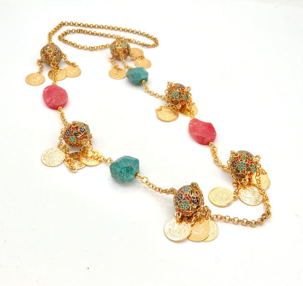 Enameled Gold Bead and Gemstone Necklace