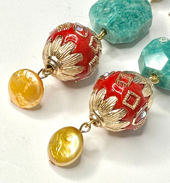 Amazonite and Red Enameled Gold Earrings