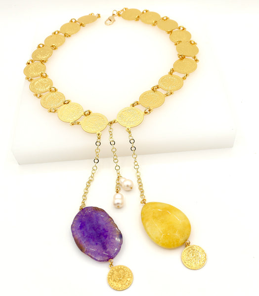 Statement Turkish Coin Jade and Agate Gold Necklace