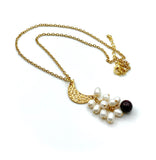 Garnet and Pearl Cluster Gold Moon Pendant necklace