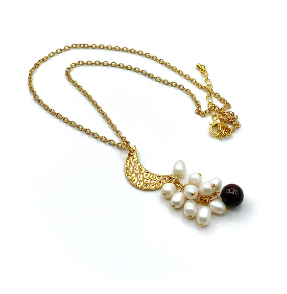 Garnet and Pearl Cluster Gold Moon Pendant necklace
