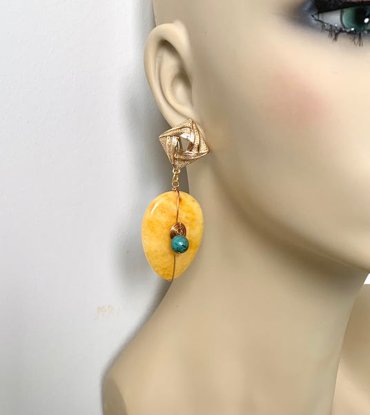 Large Yellow Jade Gold Earrings