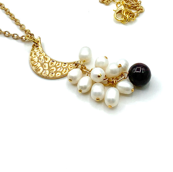 Garnet and Pearl Cluster Gold Moon Pendant necklace