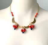 Coral and Pearl Cluster Gold Moon Necklace