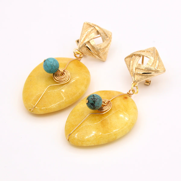 Large Yellow Jade Gold Earrings