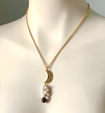 Garnet and Pearl Cluster Gold Moon Pendant necklace