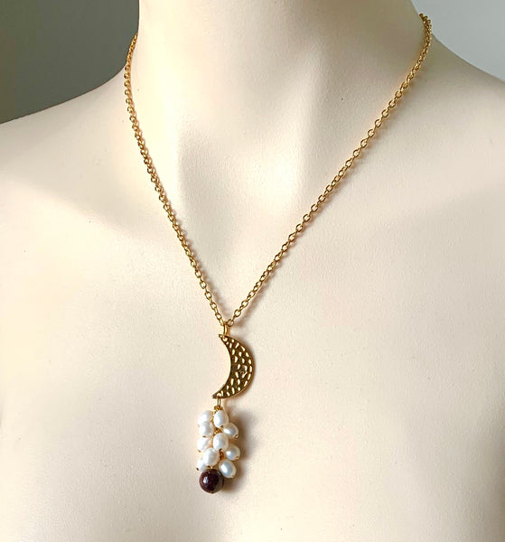 Garnet and Pearl Cluster Gold Moon Pendant necklace