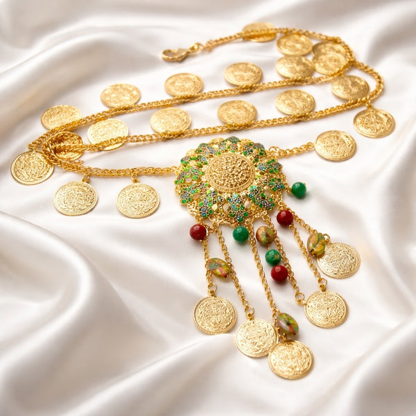Gold Coin Chain Belt with centre Gemstone