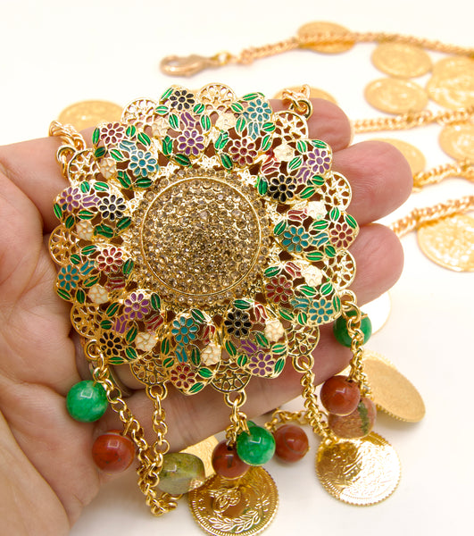 Gold Coin Chain Belt with centre Gemstone