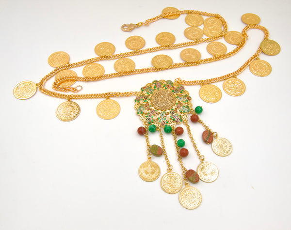 Gold Coin Chain Belt with centre Gemstone