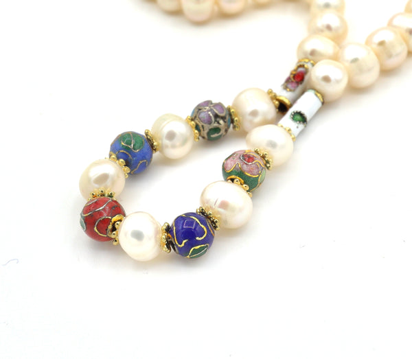PEARL AND COLOURFUL ENAMELED GOLD BEAD HANDMADE NECKLACE