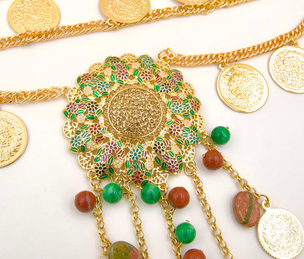 Gold Coin Chain Belt with centre Gemstone