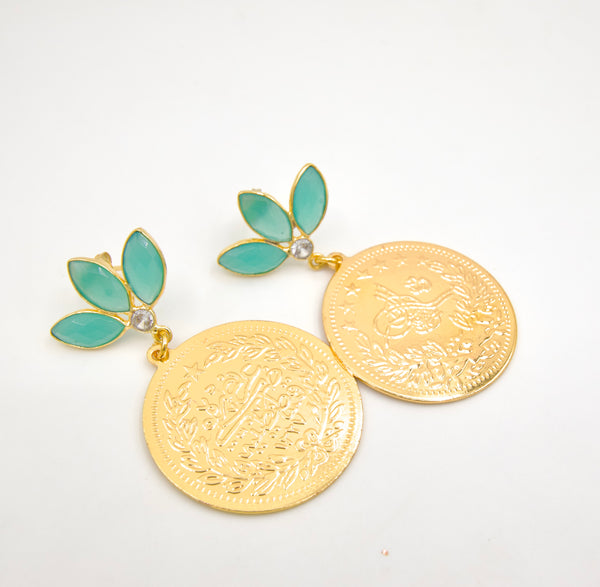 Gold Coin Gemstone Earrings