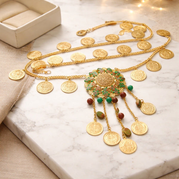 Gold Coin Chain Belt with centre Gemstone