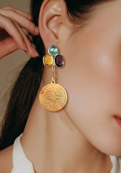 Amethyst Gold Coin Earrings