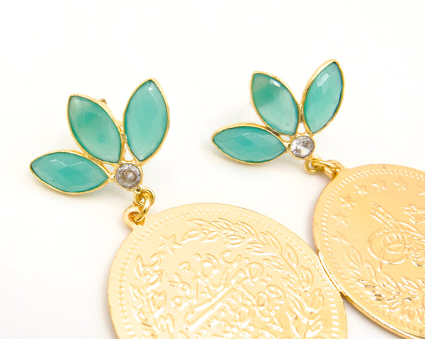 Gold Coin Gemstone Earrings