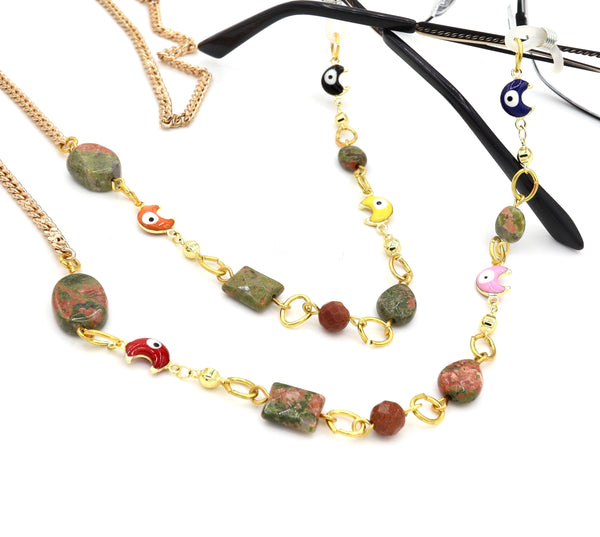 Evil Eye and Unakite Gold Eyeglass Chain