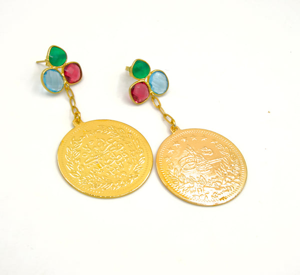 Gold Coin Quartz Earrings