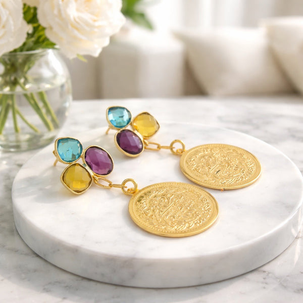Amethyst Gold Coin Earrings