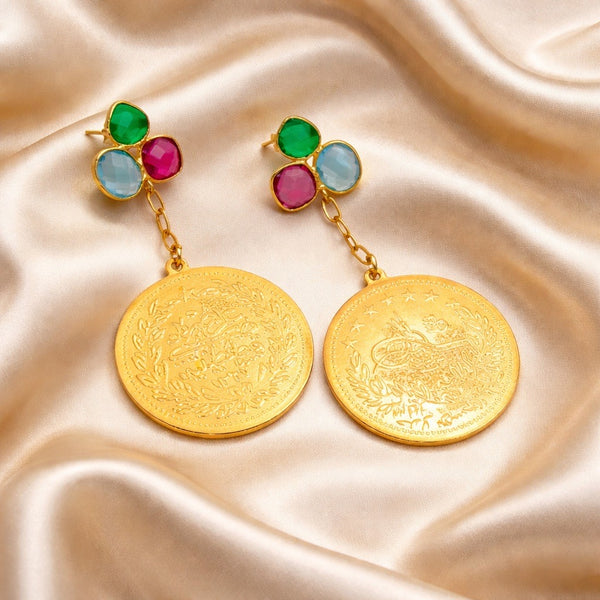 Gold Coin Quartz Earrings