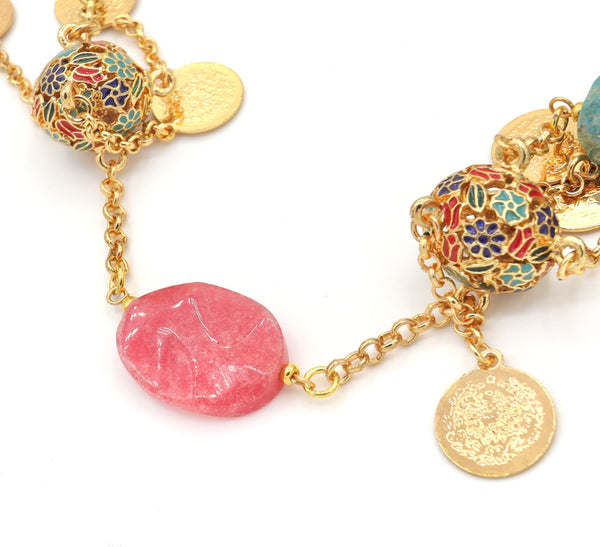 Enameled Gold Bead and Gemstone Necklace
