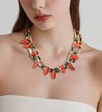 Multi Strand Coral Malachite and Hematite Gemstone Gold Necklace