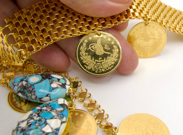 Dangling Turquoise Wide Gold Chain Belt