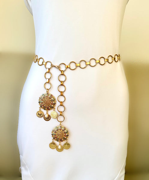 Gold Coin and Pearl Enameled Chain Belt