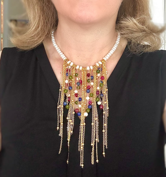 Pearl And Multicolour Gemstone Statement Gold Necklace
