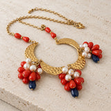 Coral and Pearl Cluster Gold Moon Necklace