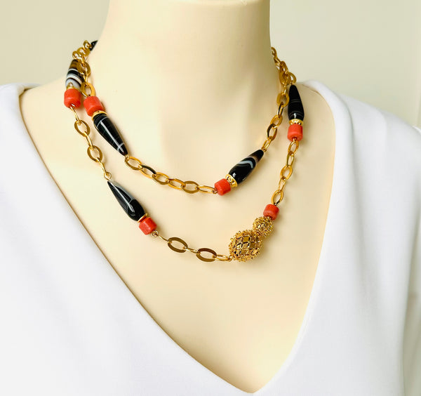 Long Black Agate and Coral Gold Necklace