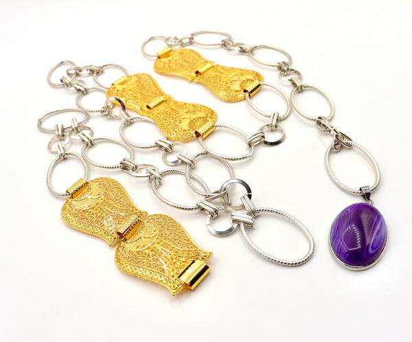 Silver And Gold Purple Agate Chain Belt