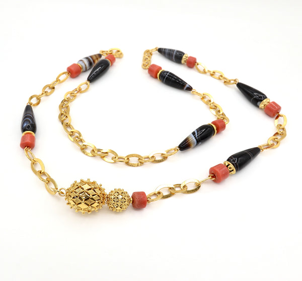 Long Black Agate and Coral Gold Necklace