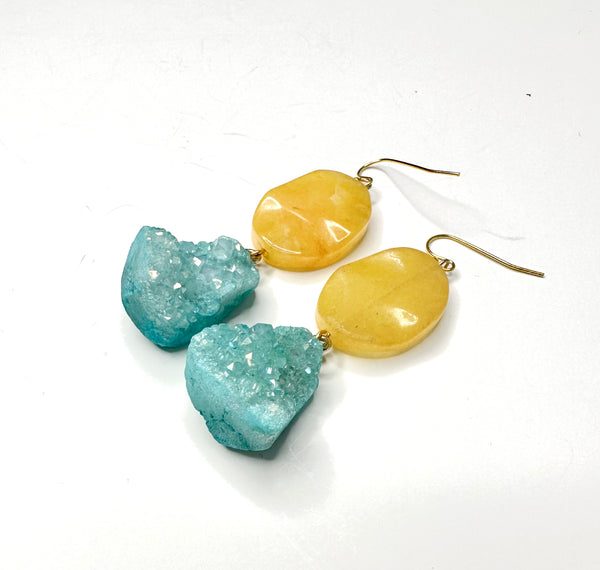 Raw Blue Quartz Yellow Jade Earrings