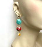 Amazonite and Red Enameled Gold Earrings