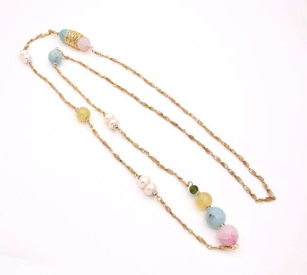LONG GOLD GEMSTONE AND PEARL NECKLACE