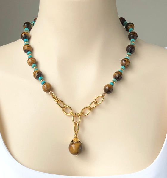 TIGER EYE AND TURQUOISE HANDMADE GOLD NECKLACE