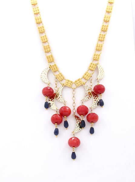 RED AGATE AND GOLD MOON STATEMENT HANDMADE NECKLACE