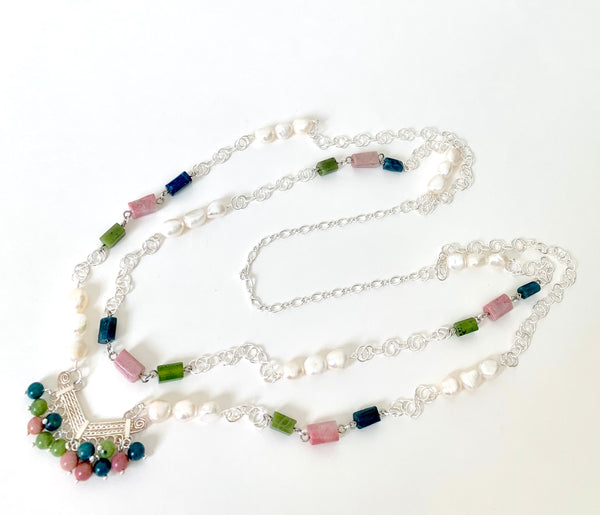 DOUBLE LAYER SILVER GEMSTONE NECKLACE