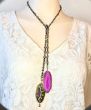 Large Pink Agate and Gun Metal Chain Necklace