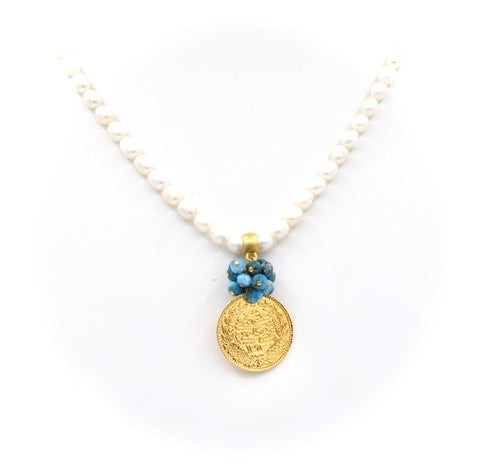 Pearl and Apatite Gold Coin Necklace