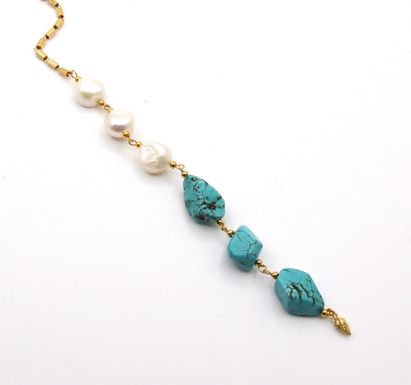 LONG TURQUOISE GEMSTONE AND PEARL HANDMADE NECKLACE