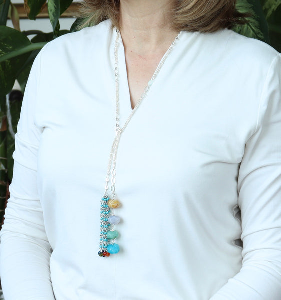 MULTICOLOUR AGATE AND TURQUOISE TASSEL SILVER HANDMADE NECKLACE