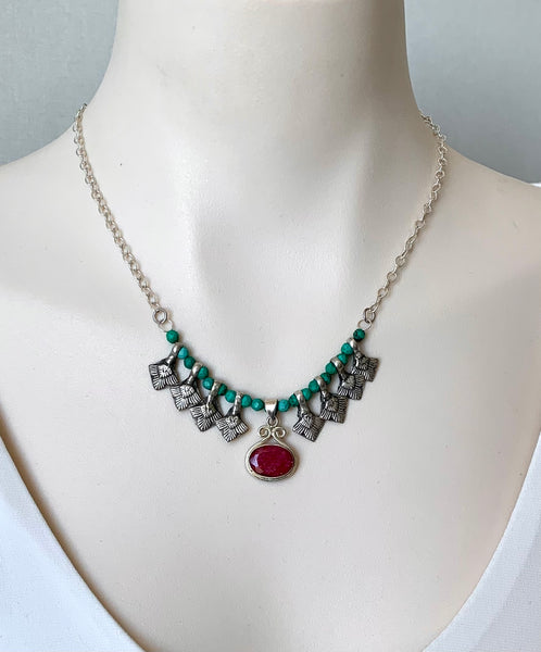 Ruby and Turquoise Silver Necklace