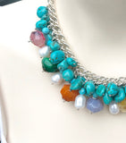 TURQUOISE PEARL AND AGATE GEMSTONES HANDMADE STERLING SILVER STATEMENT NECKLACE