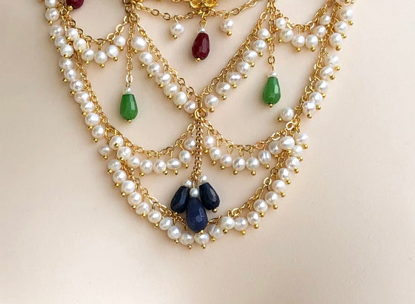 Statement Pearl and Jade Stone Gold Necklace
