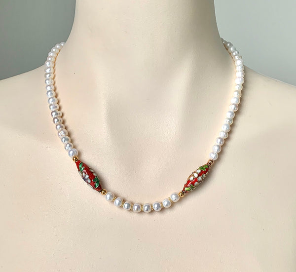 DELICATE PEARL AND RED ENAMELLED GOLD HANDMADE NECKLACE