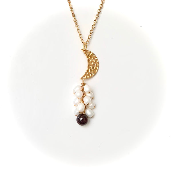 Garnet and Pearl Cluster Gold Moon Pendant necklace